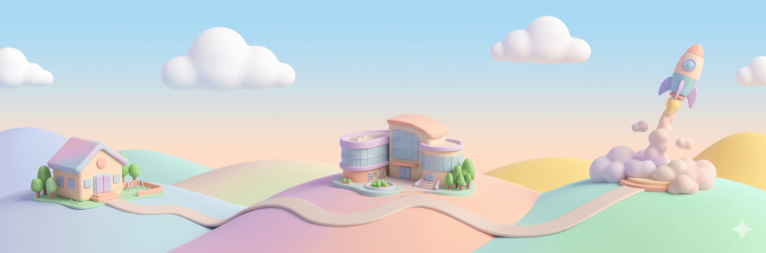 A playful landscape illustrating a journey from home to new ideas